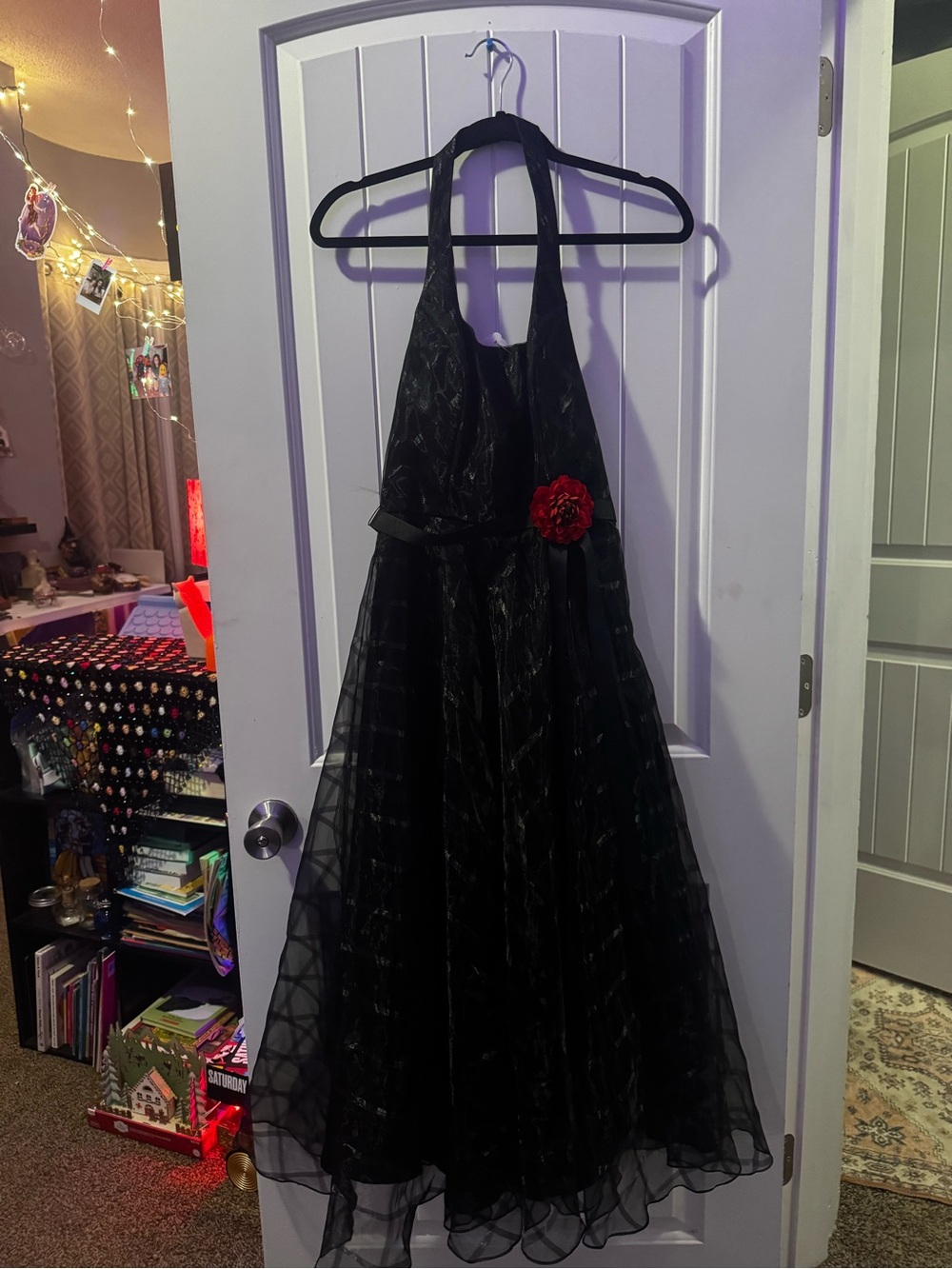 Betsy & Adam Black Halter Prom Dress with Red Flower Accent